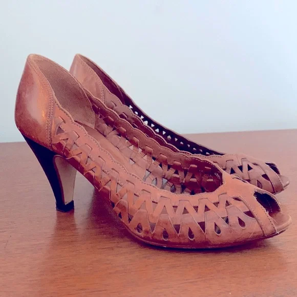Nine West Shoes Vintage 97s1980s Peep Toe Brown Woven Leather